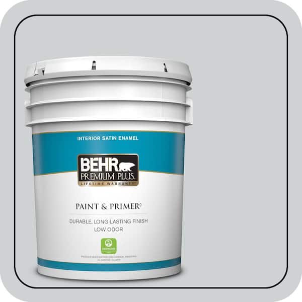 BEHR PREMIUM PLUS 5 gal. #N510-1 Silver Shadow Satin Enamel Low Odor Interior Paint & Primer (2)