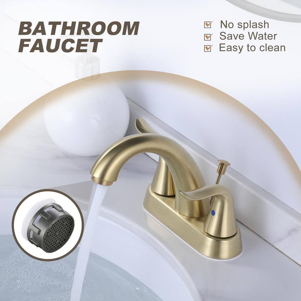 IVIGA 4 in. Centerset Double Handle Gooseneck Bathroom Faucet with Drain Kit and Supply Lines Included in Gold (3)