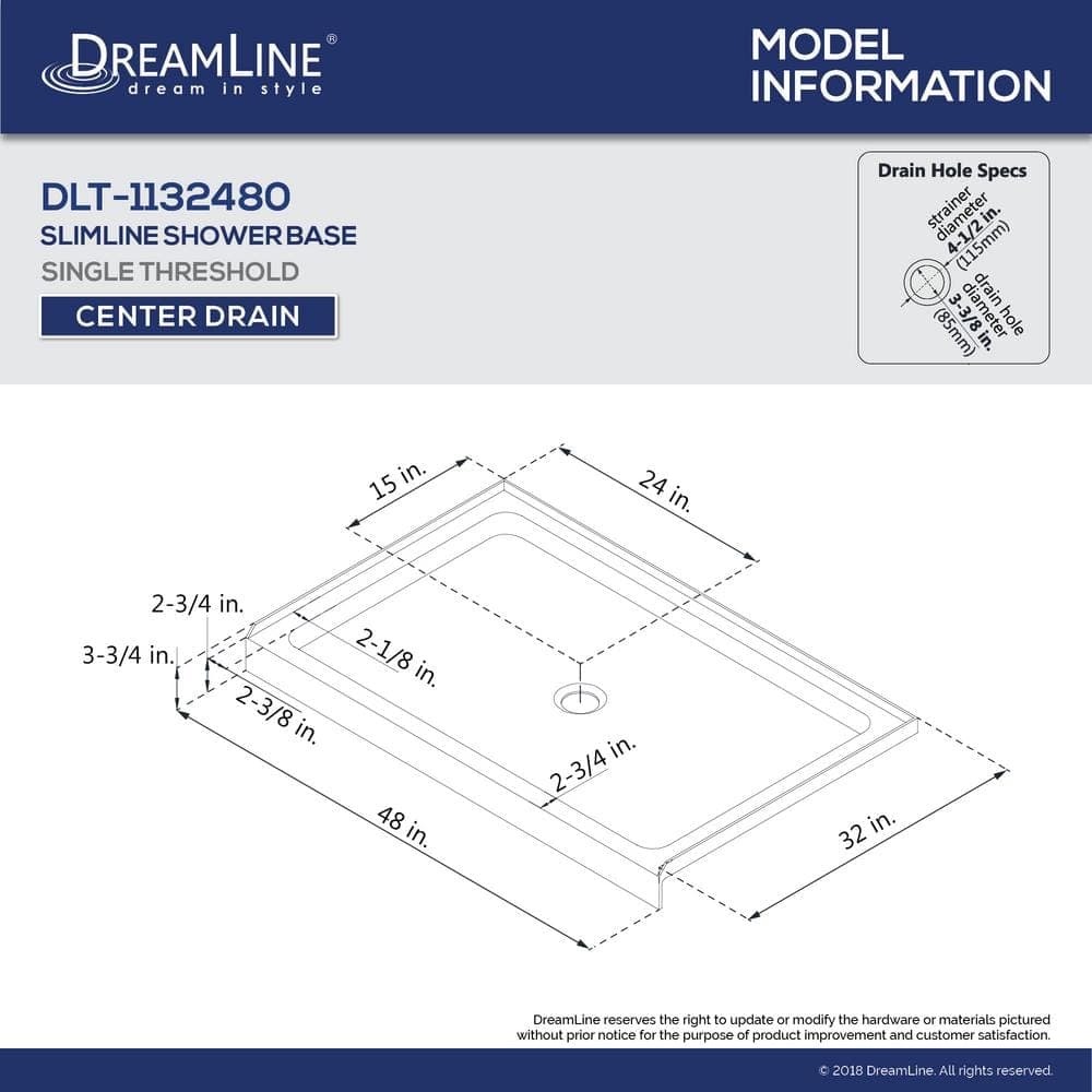 DreamLine SlimLine 48 in.x 32 in. Single Threshold Alcove Shower Pan Base with Drain Base (3)