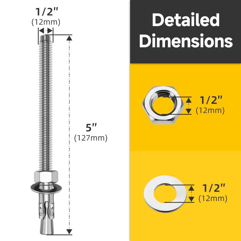 MYWISH 1/2 in. x 5 in. Stainless Steel Hex Nut-Head Concrete Wedge Anchors (5-Pack) (2)