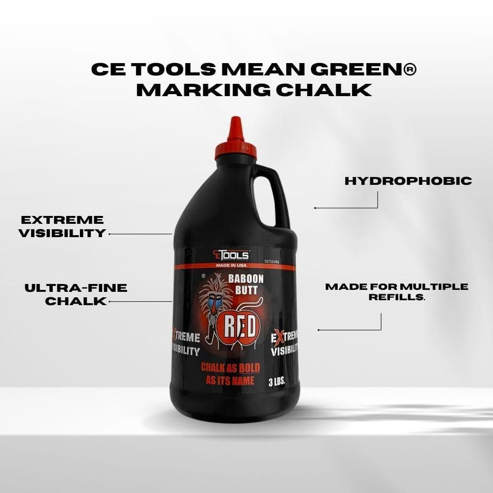 CE TOOLS Chalk Reel 3lb. Baboon Butt Red Premium Hydrophobic Water Repellent Marking Chalk (2)