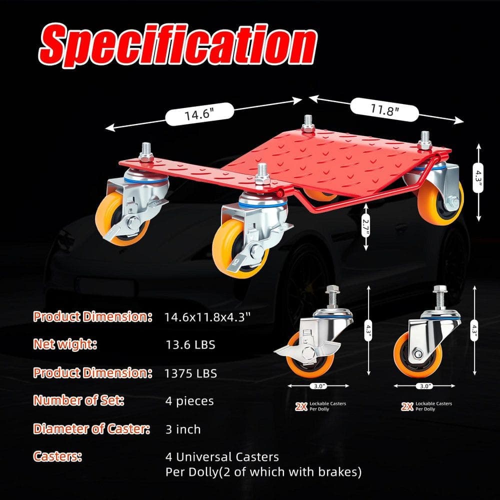 Tatayosi 5500 lbs. Tire Wheel Dolly Car Set of 4, Heavy Duty Robust and Durable Steel Car Mover,Red (2)