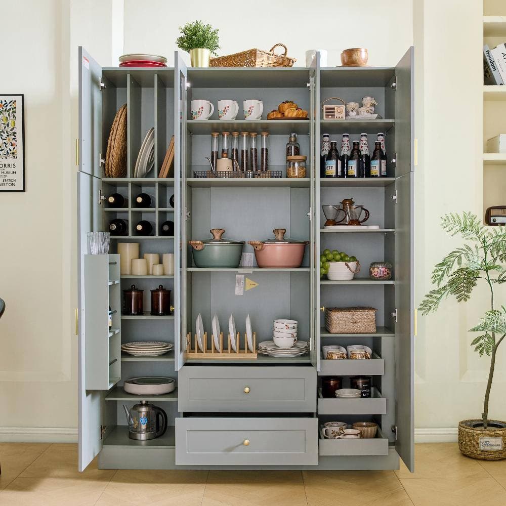 COWLOWN 53.2 in. W x 17.7 in. D x 71 in. H Green Linen Cabinet with 6 Doors, Drawers, Adjustable Shelves,Pull-out Trays (2)