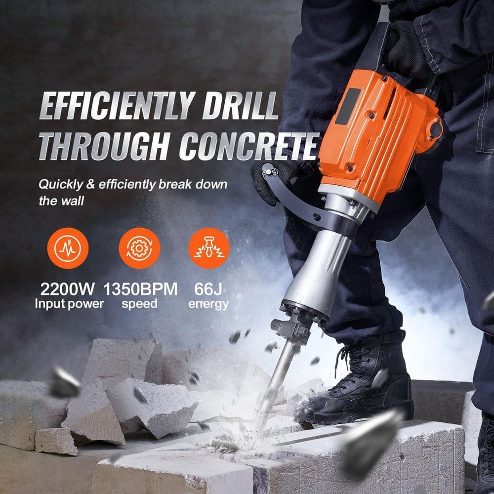 SKYSHALO Demolition Jack Hammer, 25.6 x 4.7 in. 2200W Electric Jackhammer Heavy Duty 1350 BPM Concrete Breaker, 2-pcs Chisels Bit (2)