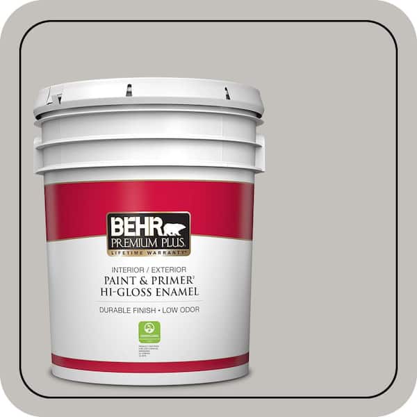 BEHR PREMIUM PLUS 5 gal. #PPU18-10 Natural Gray Hi-Gloss Enamel Interior/Exterior Paint & Primer (2)
