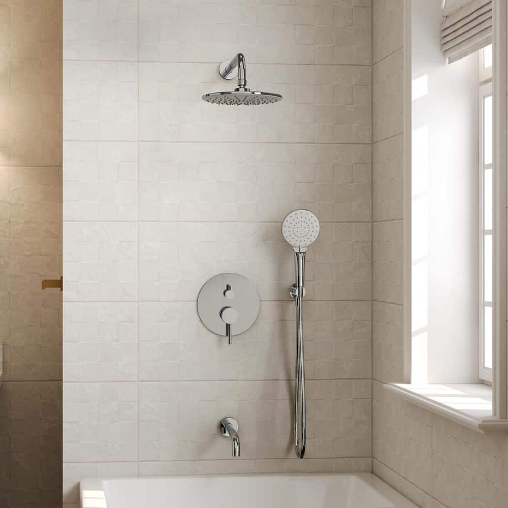 GRANDJOY 9 in. Round 3-Spray 1-Handle Tub and Shower Faucet with 3-Mode Handheld Shower 2.5 GPM in Chrome Valve Included (2)
