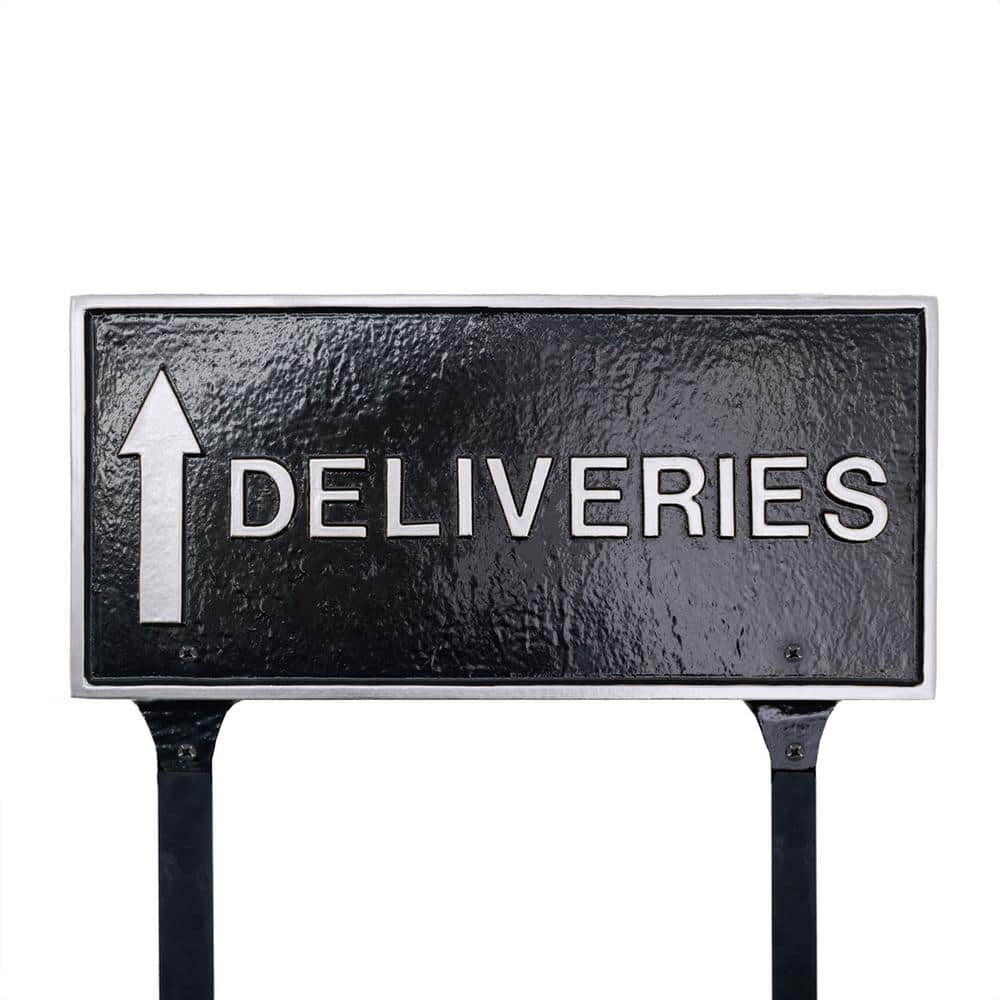 Montague Metal Products 10" x 21" Deliveries with Up Arrow Large Rectangle Statement Plaque with Lawn Stakes - Black/Silver