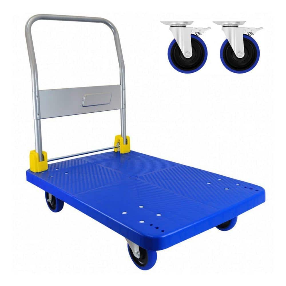 Miscool 880 lbs. Blue Heavy-Duty Steel Platform Truck Dolly Flatbed Hand Cart with Folding Handle, Brake Wheels, Swivel Casters