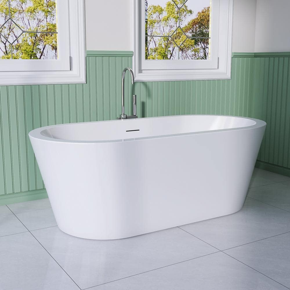 Unbranded 64 in. x 31 in. Acrylic Flatbottom Freestanding Soaking Bathtub in White (2)
