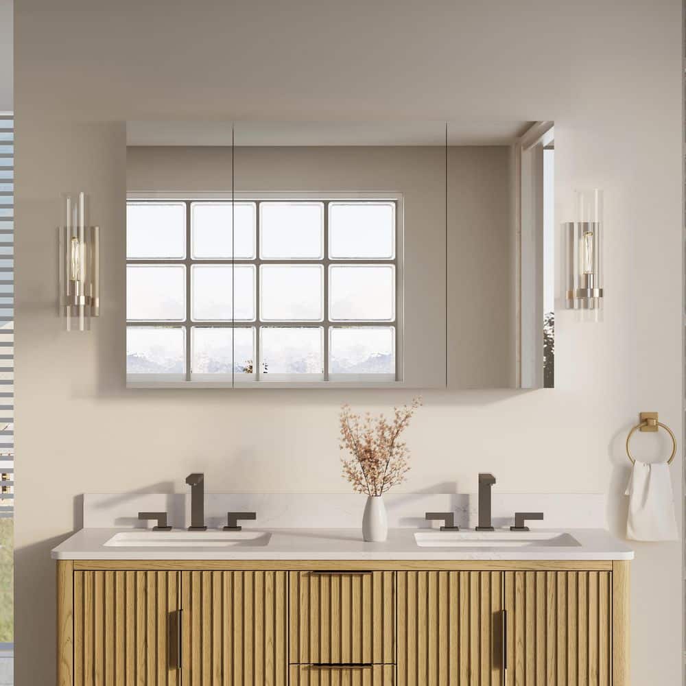 ANGELES HOME 48 in. W x 30 in. H Rectangular Recess/Surface Mount Medicine Cabinet with Mirror, 3 Soft Close Door (2)