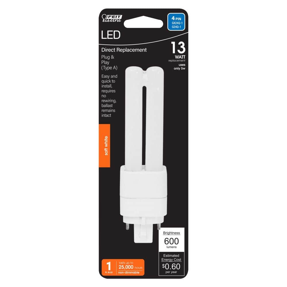 Feit Electric 13-Watt Equivalent PL QuadTube CFLNI 4-Pin Plugin G24Q-1 Base CFL Replacement LED Light Bulb, Soft White 2700K (1-Pack) (3)