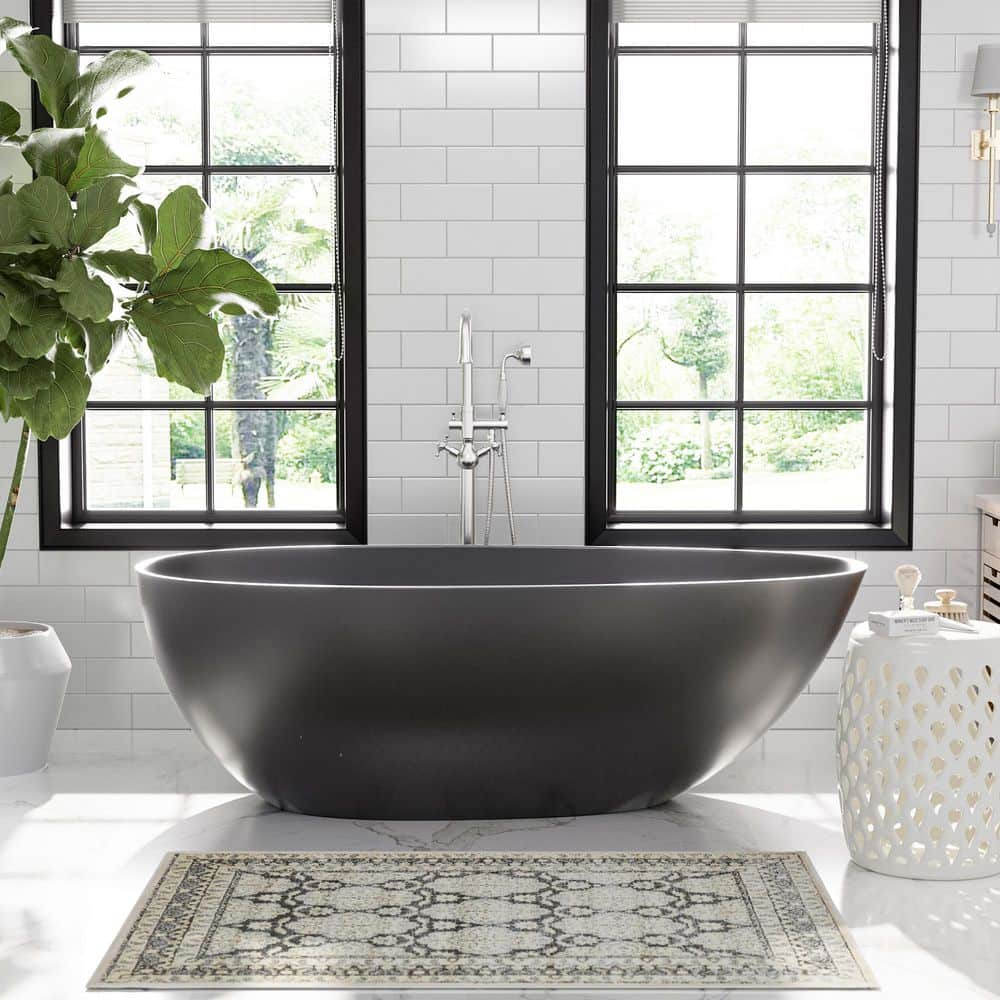 Boyel Living 67 in. x 33 in. Solid Surface Stone Resin Freestanding Soaking Bathtub with Center Drain, Drainer, Hose in Matte Black (1)