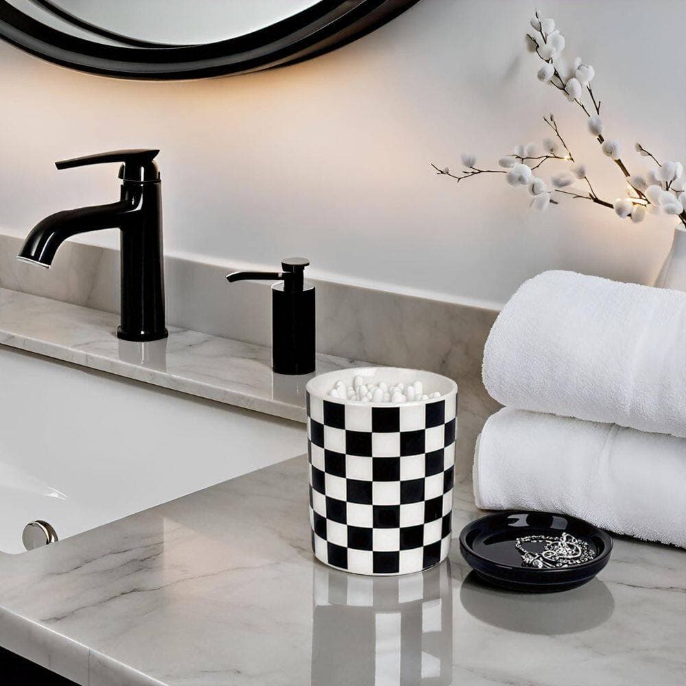 KHKFY Ceramic Cotton Swab Holder with Lid and Jewelry Ring Dish, Checkerboard Black and White Bathroom Qtip (3)