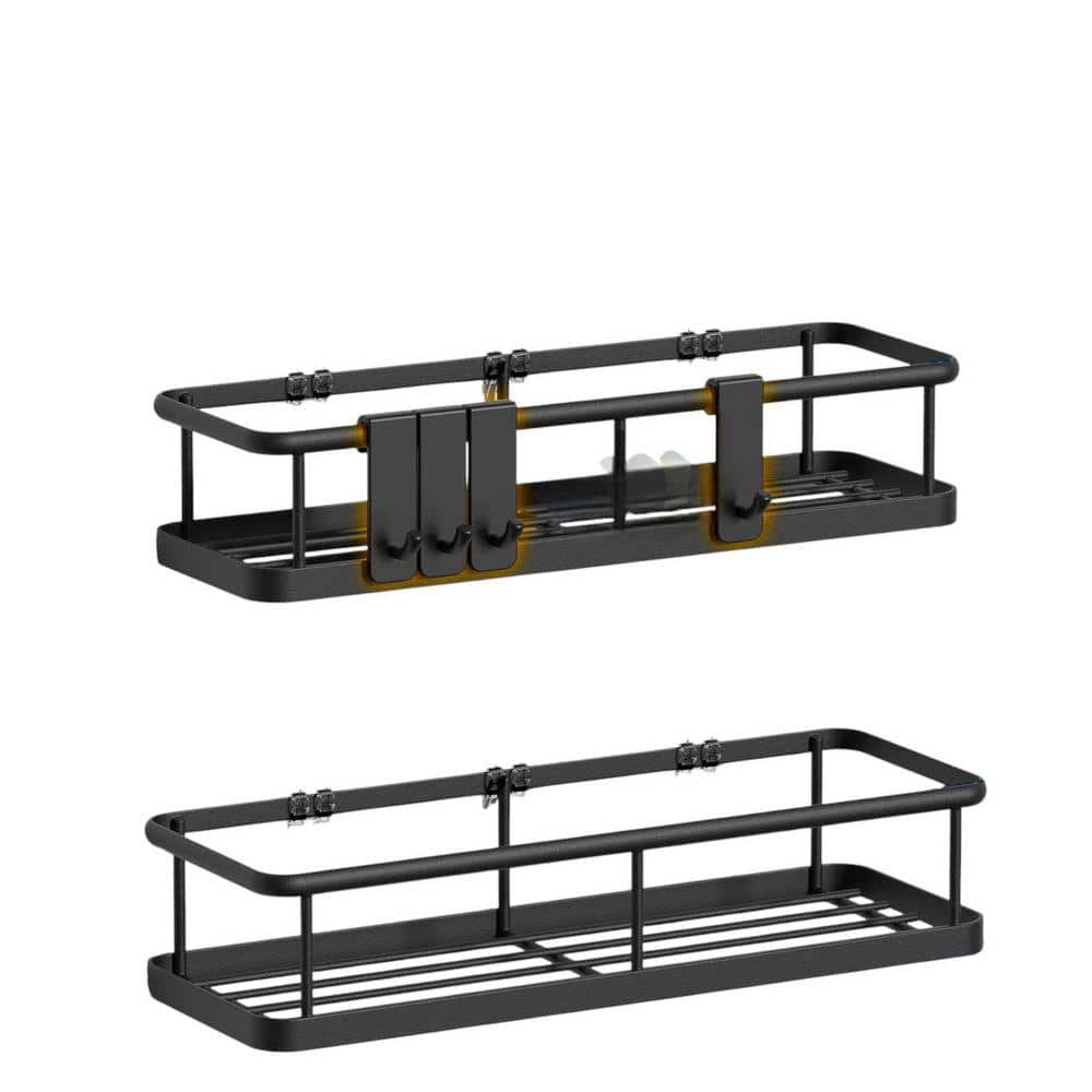 JFVKAF 2.55 in. H x 4.25 in. L Wall-Mounted Shower Holder No Drill Bathroom Organizers RustProof Shelves, Hooks, 2-Packs Black