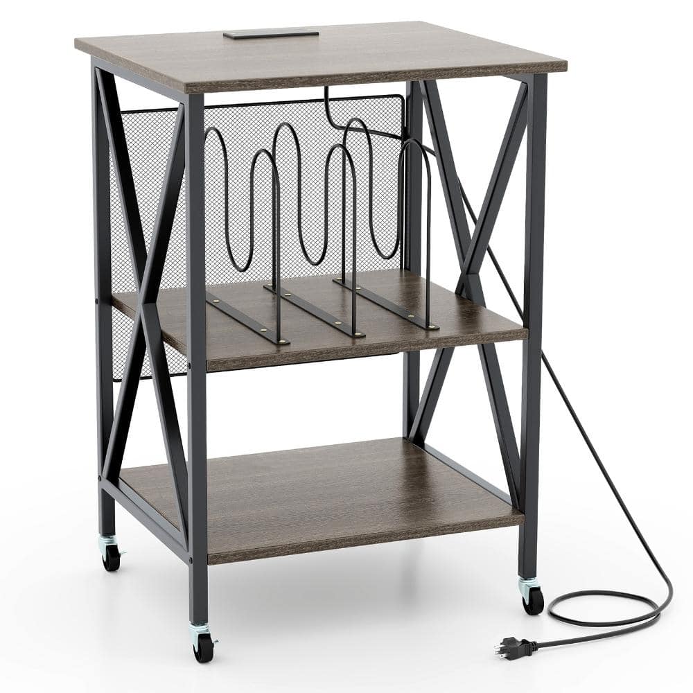 Volenca Mid-Century Record Player Stand with Charging Station, Storage Shelves, Turntable Cabinet (1)
