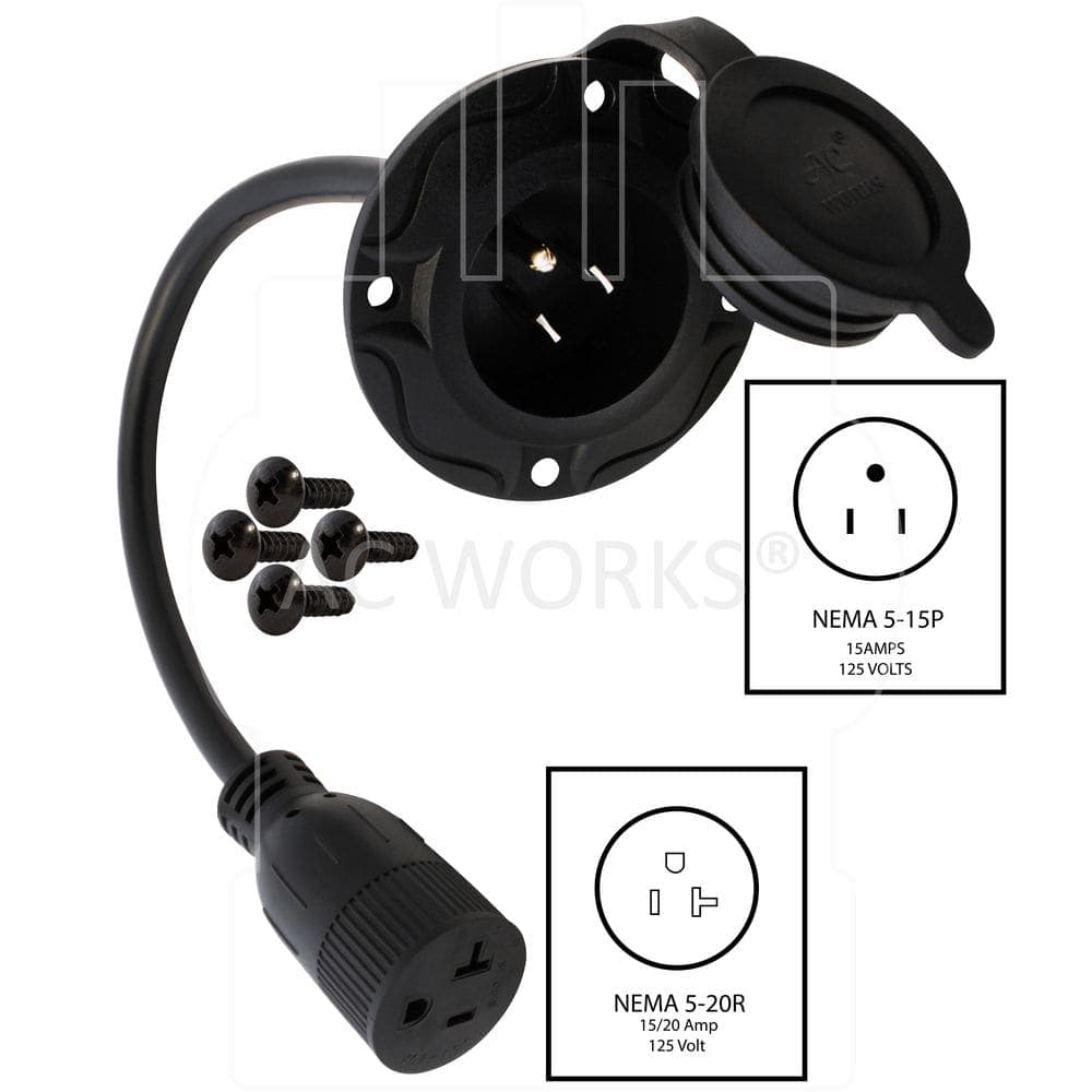 AC WORKS 15A 125V NEMA 5-15P Flanged Power Input Inlet extension cord with Cover 1. 5 ft. 12 / 3 STW Indoor/Outdoor Cord in Black (2)