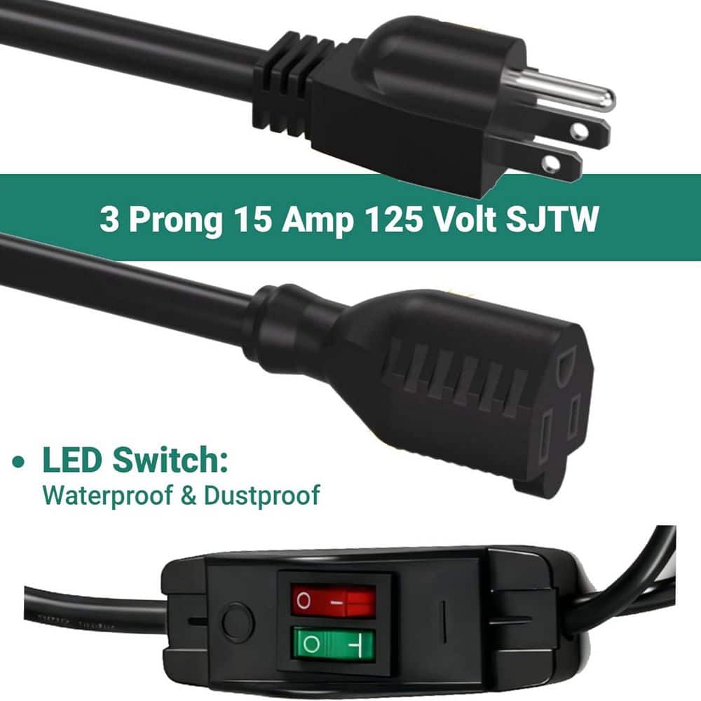 HIITIO Heavy-Duty Power Extension Cable 1.6 ft. 14 / 3 SJTW Outdoor Extension Cord with Waterproof On / Off Switch, Black (2)