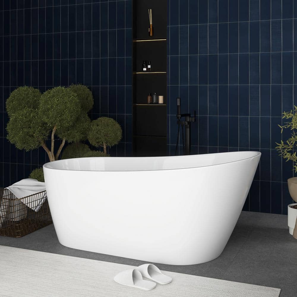 JimsMaison 59 in. x 30 in. Acrylic Freestanding Flatbottom Soaking Bathtub with Reversible Drain in Glossy White (2)