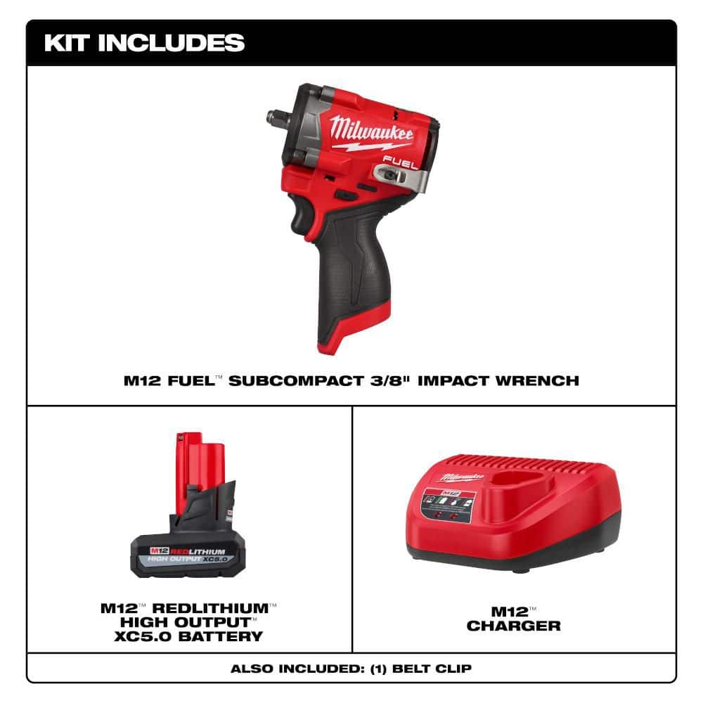 Milwaukee M12 FUEL 12V Lithium-Ion Brushless Cordless Stubby 3/8 in. Impact Wrench with HIGH OUTPUT XC5. 0 Starter Kit (2)