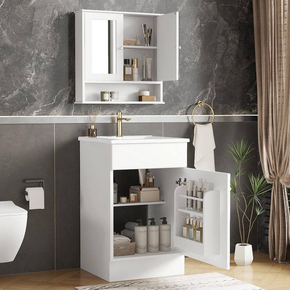 Tahanbath 22.25 in. W x 5.25 in. D x 23 in. H Bathroom Storage Wall Cabinet in White with Ceramic Sink (2)