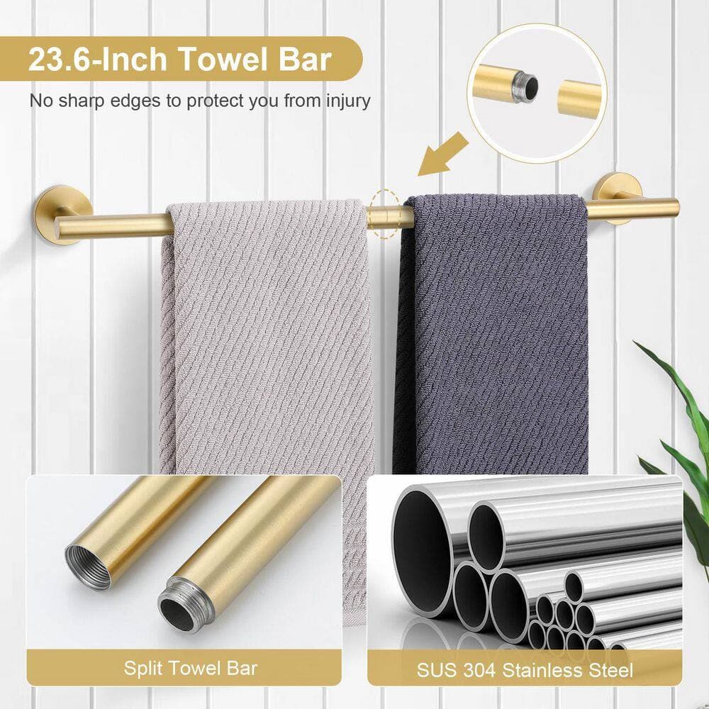 Wudkey 6-Piece SUS304 Stainless Steel Bath Hardware Set Included 23.6 in. Bath Towel Bar in Brushed Gold, Lasting Durability (2)