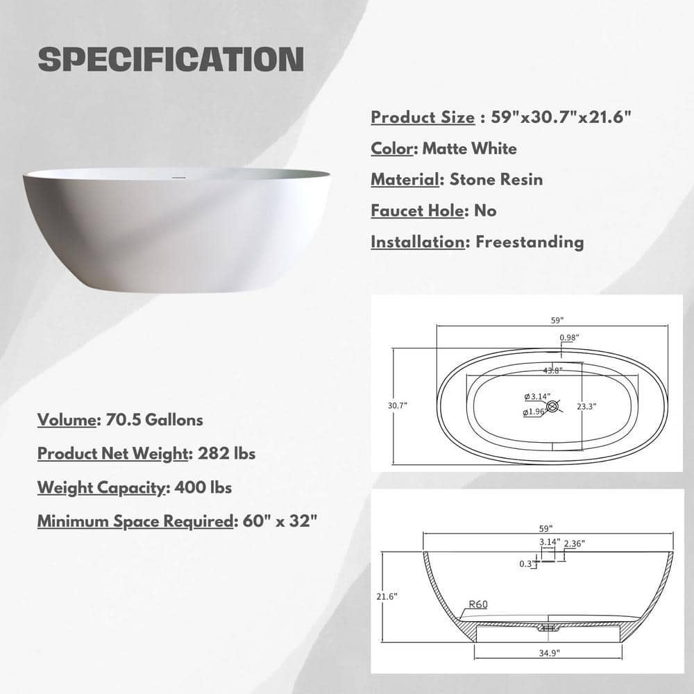YANTENG LLC H2O Oval 59 in. x 30.7 in. Solid Surface Freestanding Soaking Bathtub with Center Drain in Matte White (3)