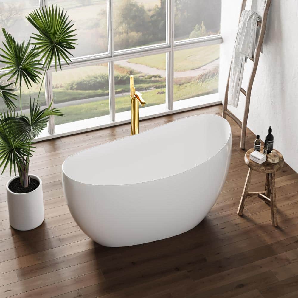 POCCI&VANCCI 63 in. Solid Surface Freestanding Bathtub in White with Elegant Curved Edge (2)