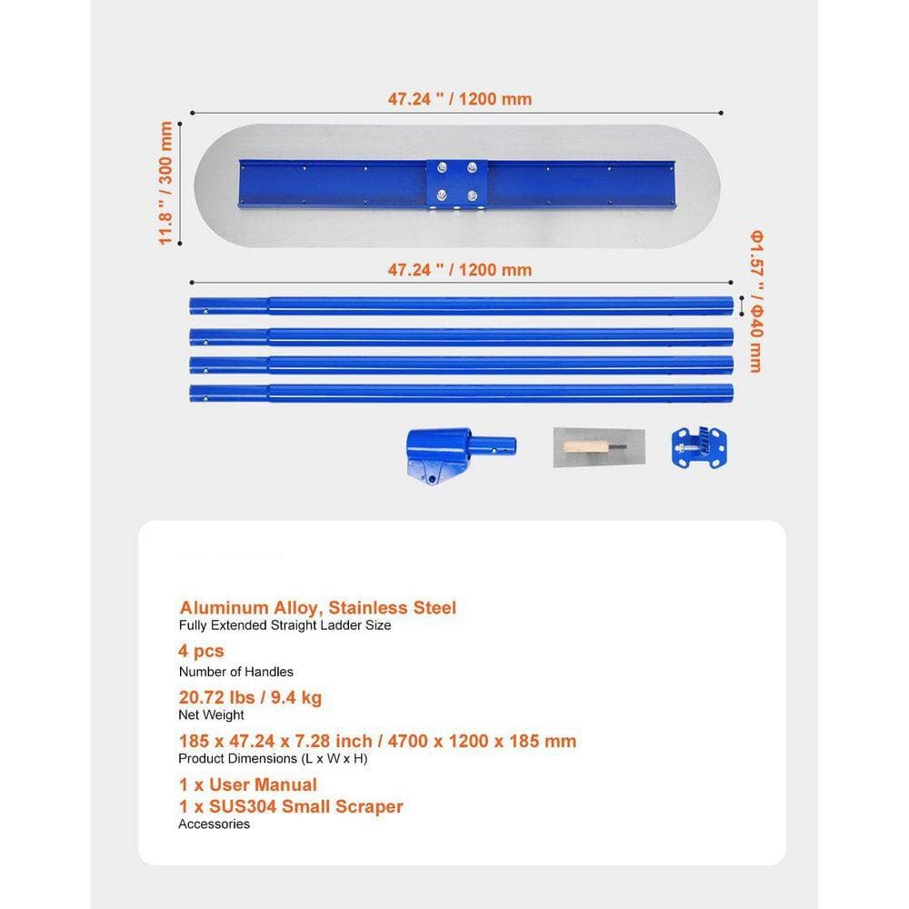 xinyoec 47.24 in. x 11.8 in. Round End Magnesium Concrete Float with 4-Aluminum Alloy Replaceable Handles, Bull Float (2)