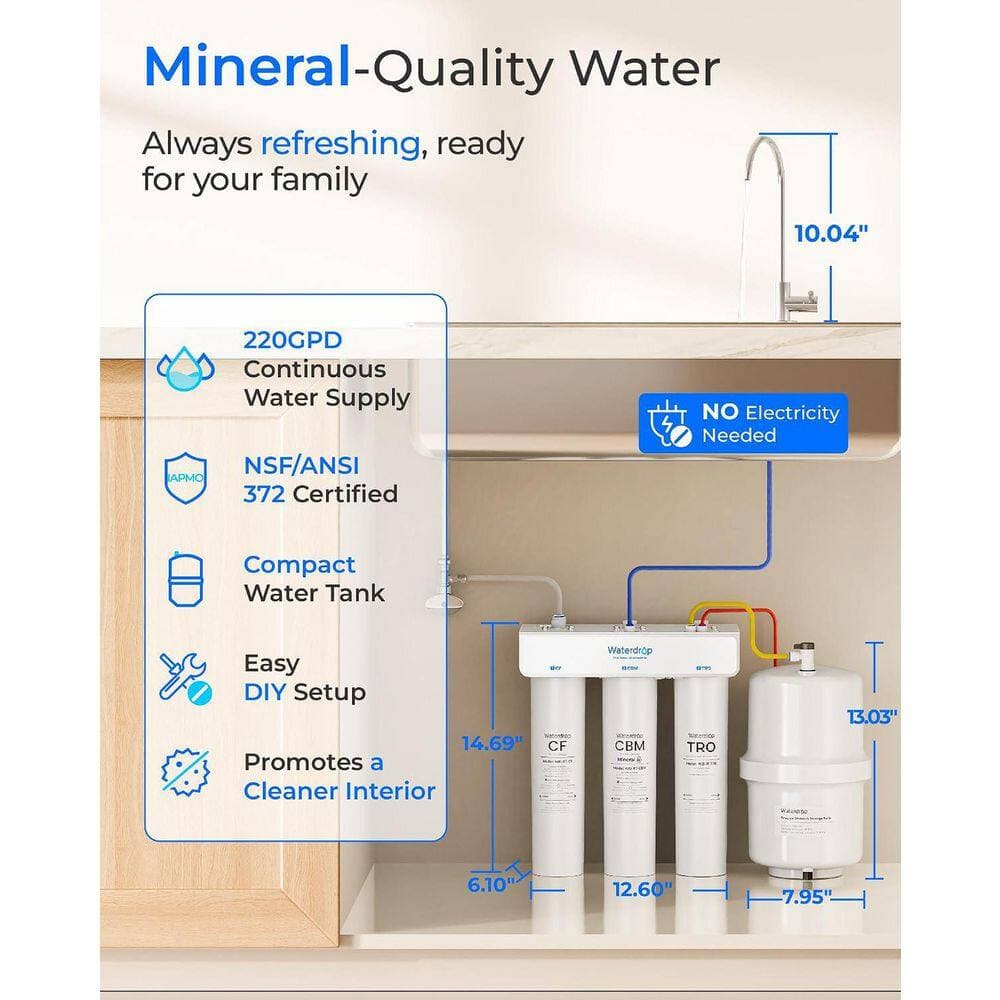 Waterdrop T3-T, 220 GPD, 7-Stage, NSF/ANSI 372 Certified Under Sink RO System with Tank, No Power Needed, Extra RT-CF x 2 Filters (3)