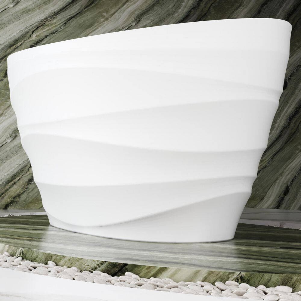 WELLFOR CIRA 34.65 in. x 62.2 in. Matte White Solid Surface Oval Freestanding Soaking Bathtub with Drain (Center Drain) (3)