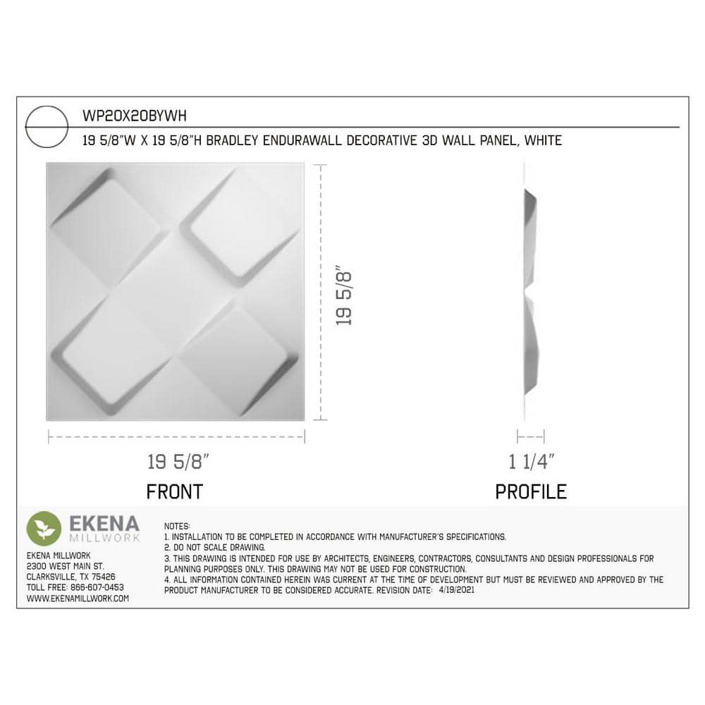 Ekena Millwork 1 in. x 19-5/8 in. x 19-5/8 in. White PVC Bradley EnduraWall Decorative 3D Wall Panel (2.67 sq. ft.) (2)