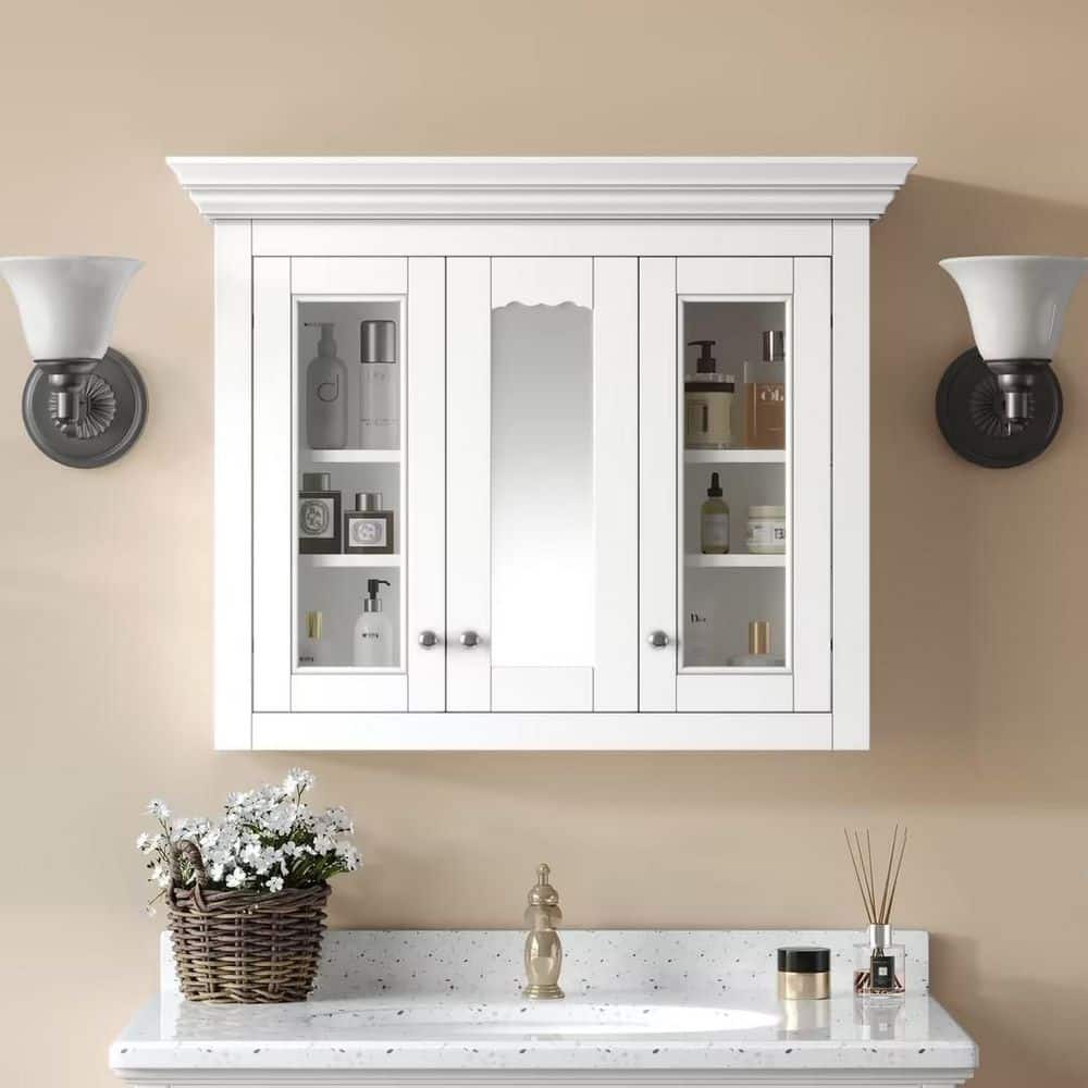 Siavonce 8 in. W x 35 in. D x 28 in. H Large Storage Wall Mount Linen Cabinet with Double Glass Doors and Dividers, White (2)
