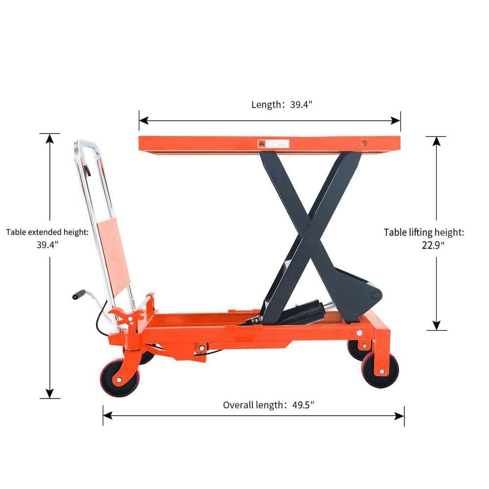 TORY CARRIER 39.4 in. Max Lifting Single Scissor Lift Table Cart 1760 lbs. Hydraulic Manual Lift Table Orange with Foot Pump (2)