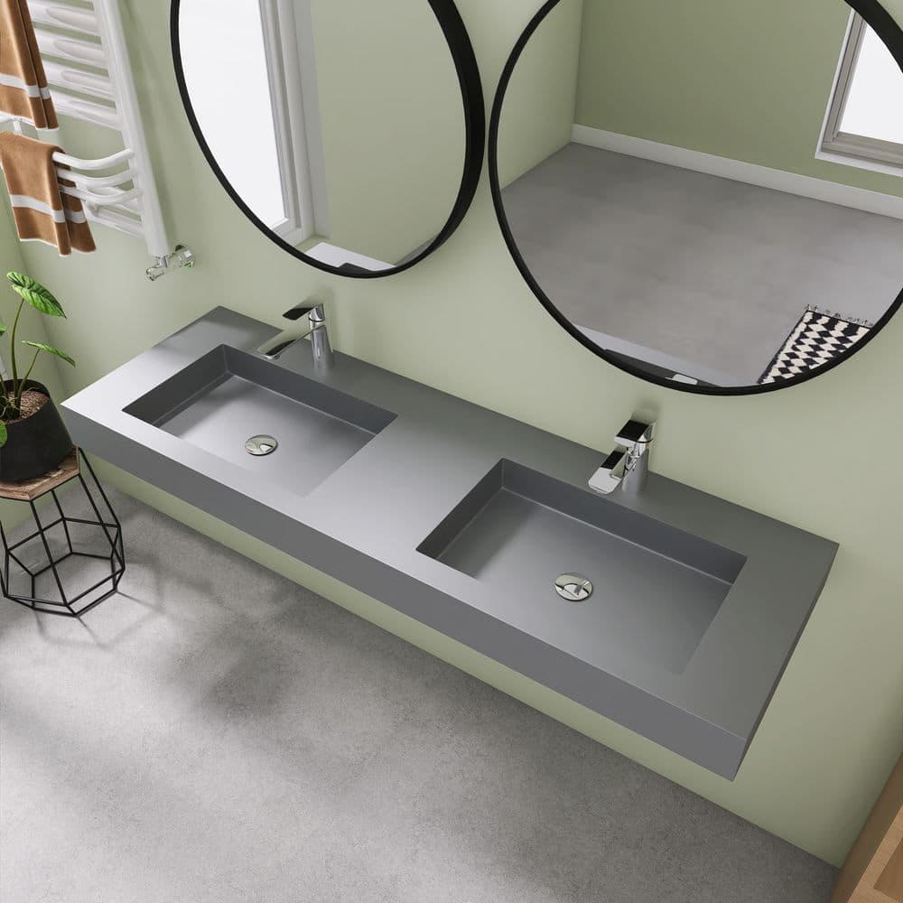 SJ STAR&JANE 59 in. x 19 in. Wall Mount Rectangle Double Vessel Sink w/ Faucet Hole, Solid Surface Bathroom Vessel Sink in Light Gray (1)
