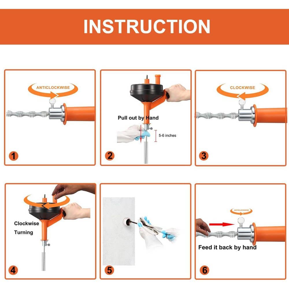 Helhom 1-Pack 25-Ft Drain Auger with Drill Adapter, Flexible Plumbing Snake Manual or Powered for Sink, Orange (3)