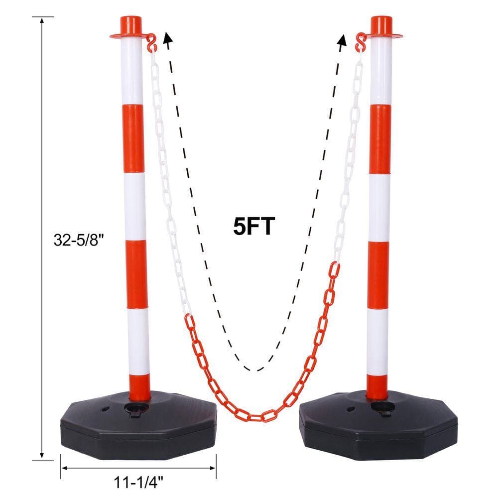 cadeninc 12-Pack White/Red Plastic Safety Barrier Post w/Fillable Base, 5 ft. Plastic Chain for Traffic Control and Warning W/R (2)