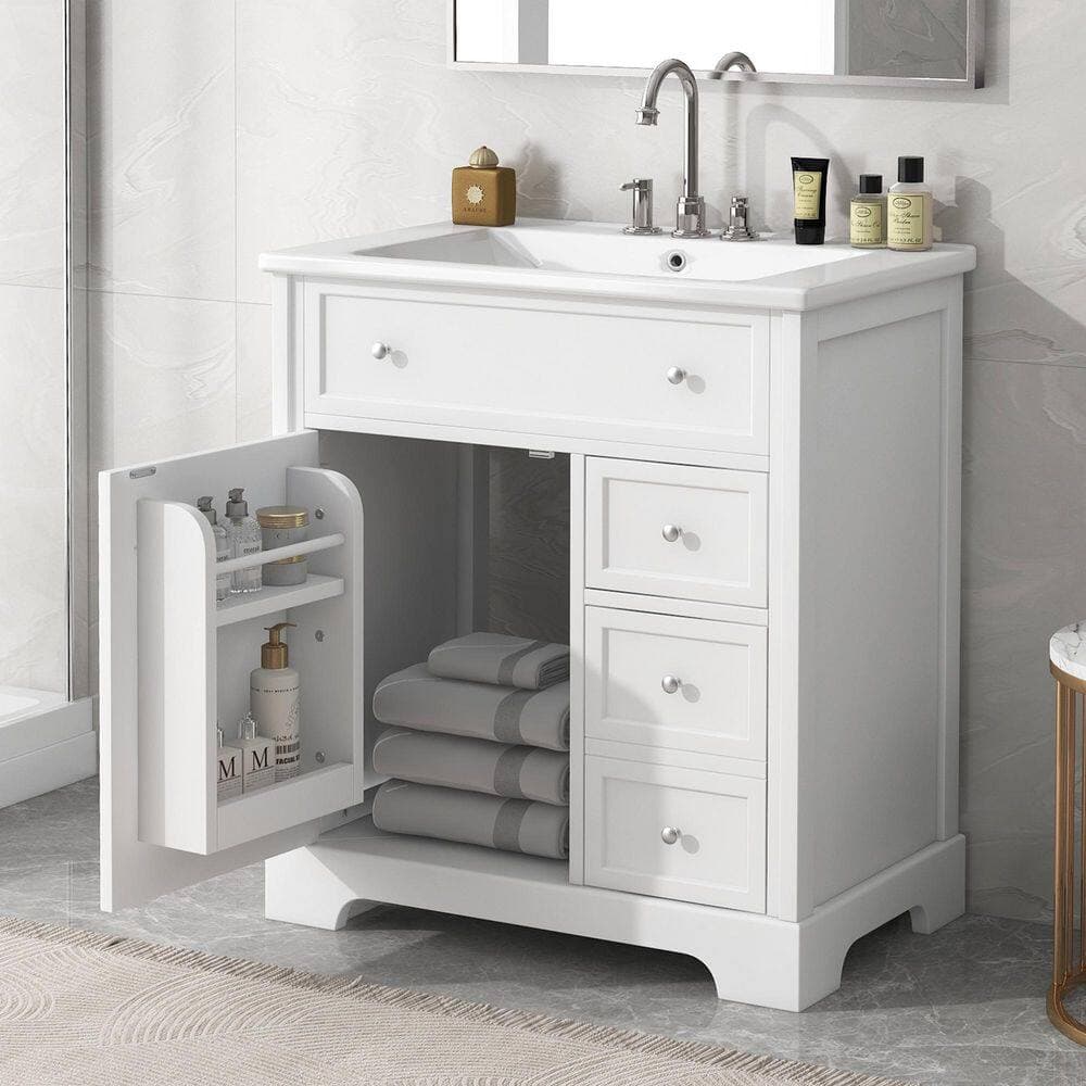 Unbranded New White 30 in. Wood+Ceramic Undermount Bathroom Sink with Freestanding Bathroom Vanity, 1-Door, 2-Drawers and Shelves (3)