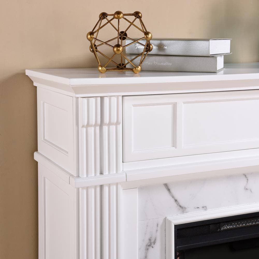 Southern Enterprises Crellam 48 in. Touch Panel Electric Fireplace in White with Gray Veined White Faux Marble (2)