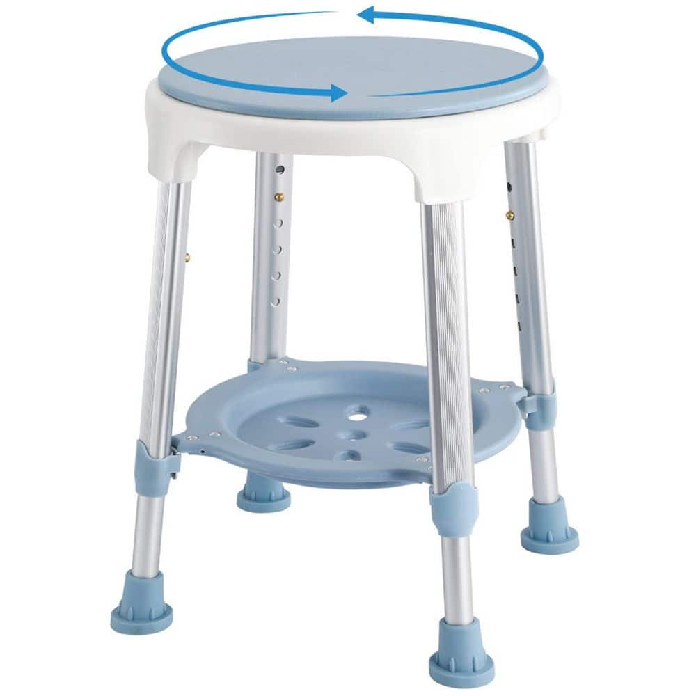 Wudkey 300 lb. Aluminum Adjustable Shower Stool in Blue and White with Storage Tray, 360° Swivel Bath Shower Seat for Seniors