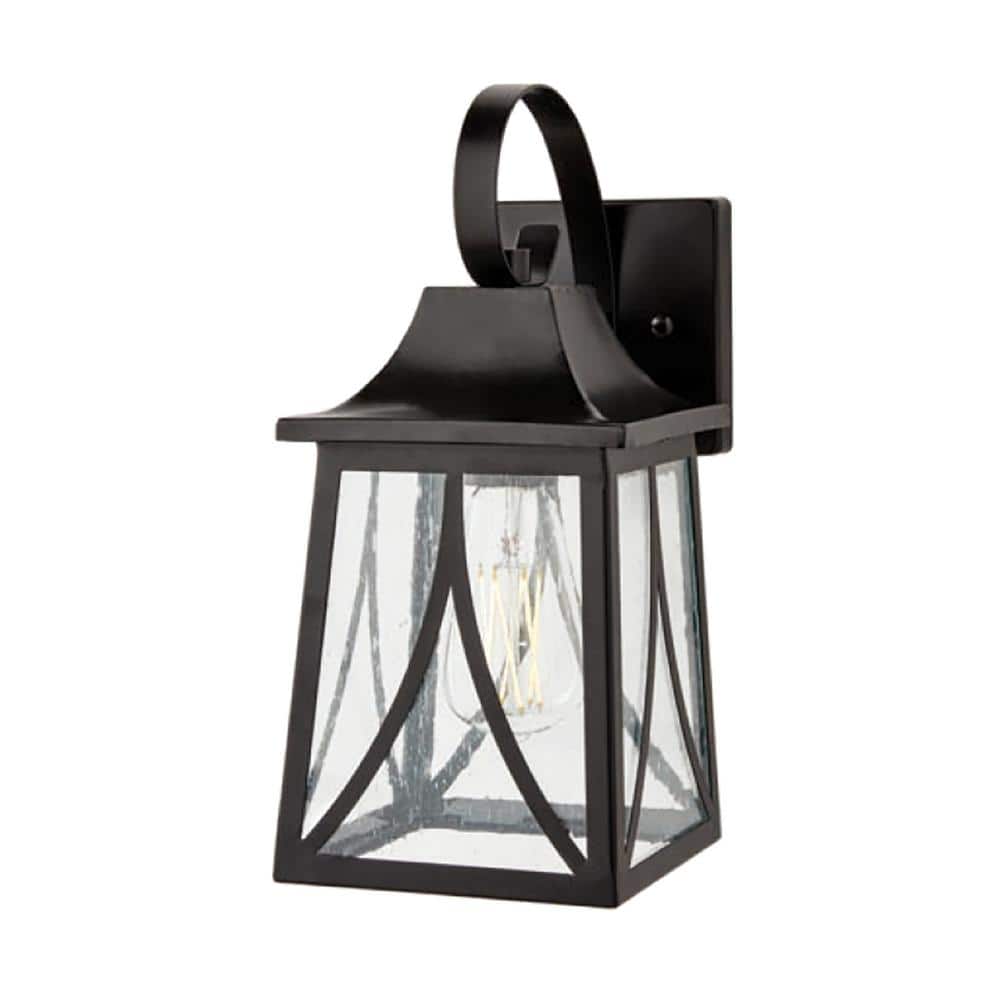 Hampton Bay Drackert 13 in. 1-Light Flat Black Hardwired Outdoor Wall Light Lantern Sconce with Seedy Glass, No Bulb Included (3)