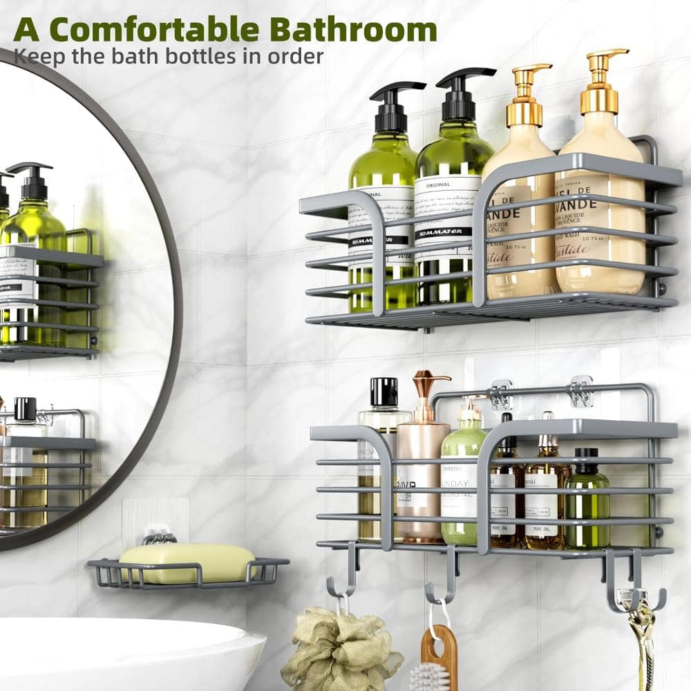 Whatseaso 11.5 in. Stainless Steel Wall Mounted Shower Organizer with Soap Holder and Hooks in Dark Gray (2)