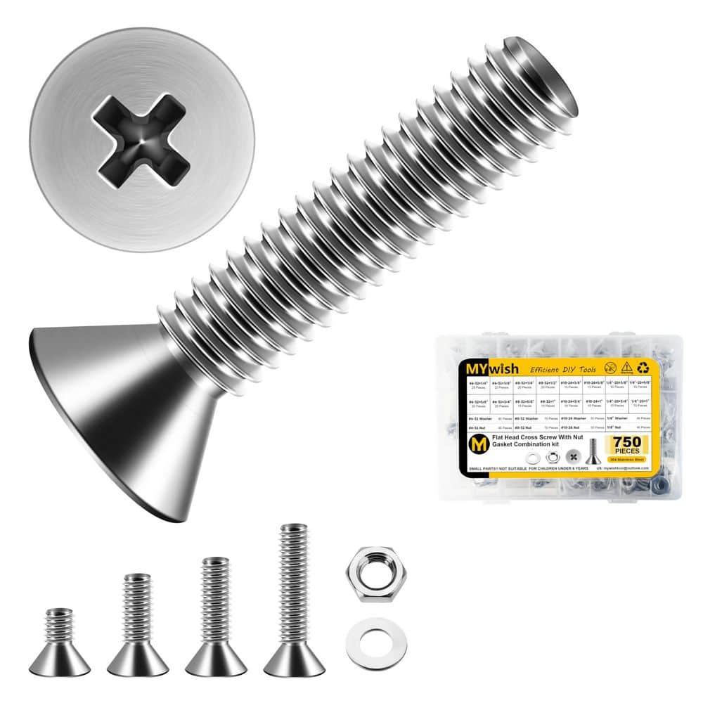MYWISH 750-Piece Flat Head Phillips Machine Screw, Nut, Washer Assortment Kit, 304-Stainless Steel-#6, #8, #10, 1/4 (1)