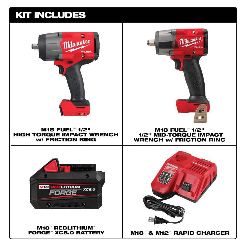 Milwaukee M18 FUEL 18V Lithium-Ion Cordless 1/2 in. Impact Wrench w/ 1/2 in. Mid Torque Impact Wrench, 8.0 Battery, & Charger (2)