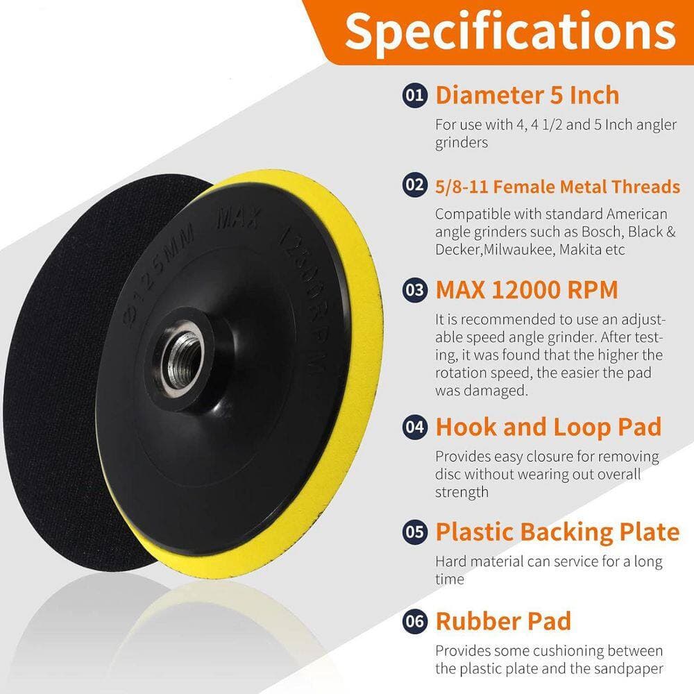 Unbranded 5 Inch Polyurethane Hook and Loop Backing Pad with 50PCS Sanding Discs for Angle Grinder Buffing Polishing (50-Pack) (2)