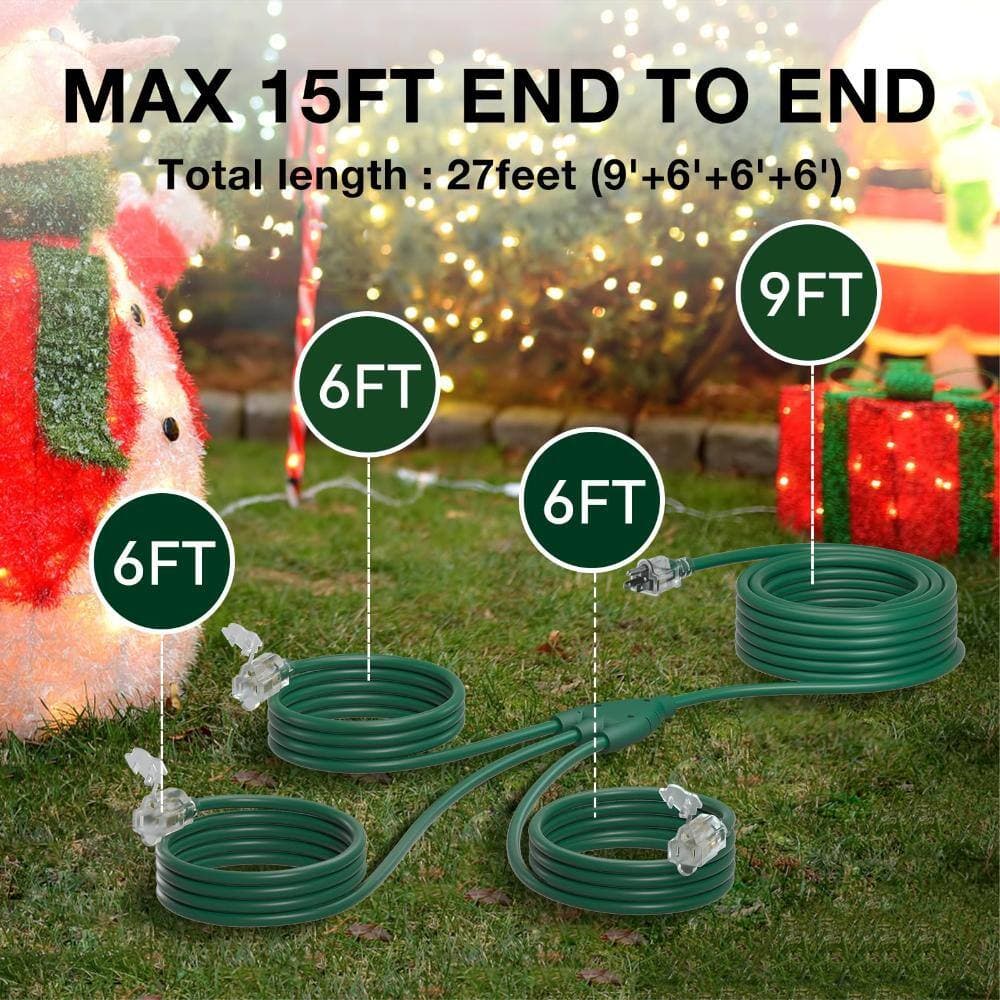 Unbranded 27 Ft Outdoor Extension Cord 3 Outlets 16/3 SJTW Weatherproof with LED Indicators Safety Cover ETL Listed (3)