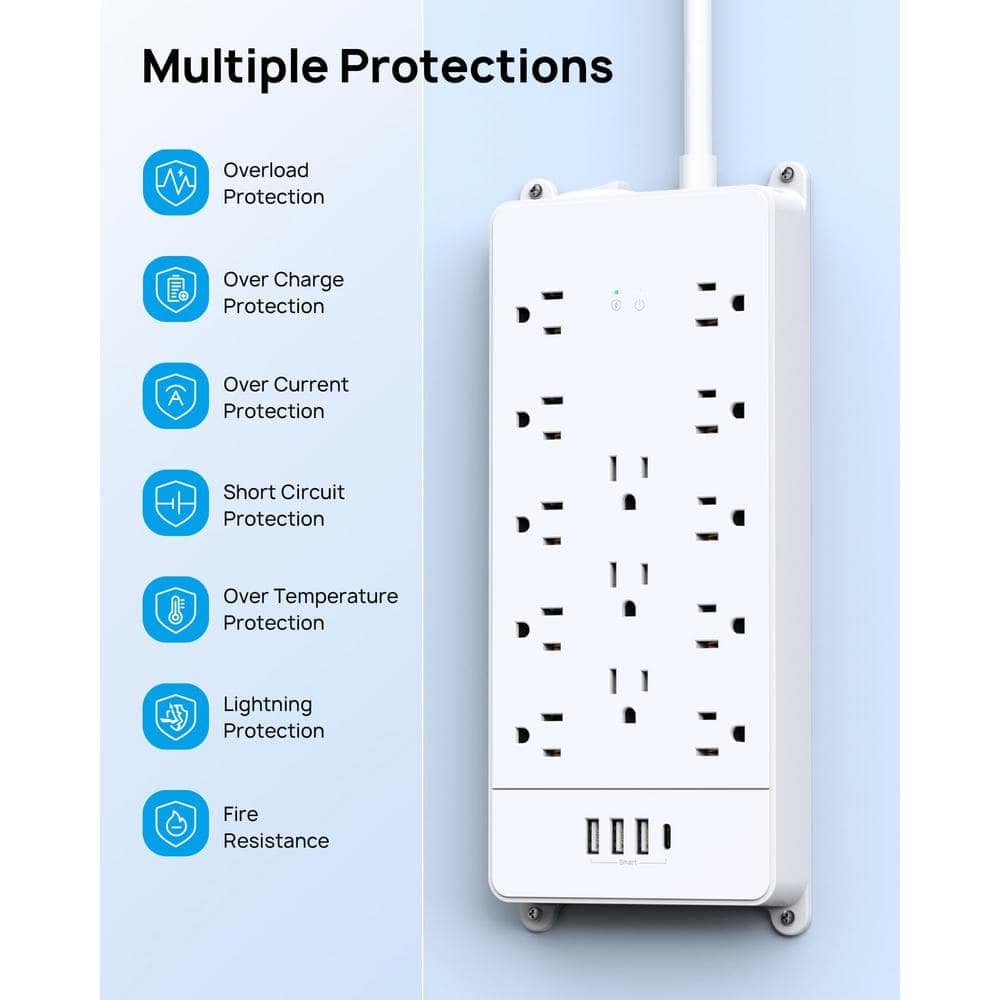 Ahfiwaso Mountable Heavy Duty 5 ft. Power Strip Extension Cord 13-Outlet AC 4000-Joules Surge Protector with 4-USB Ports 1-USB C (2)