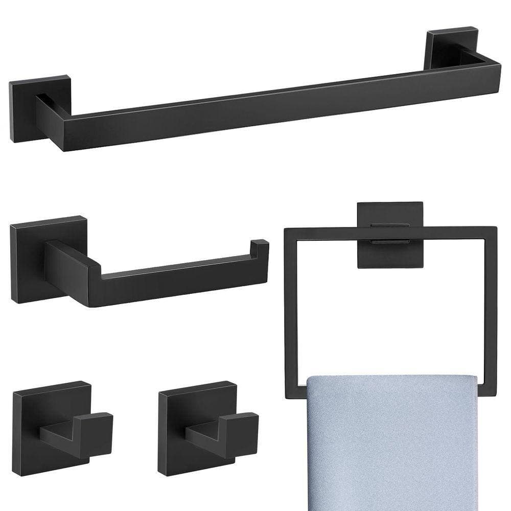 JFVKAF 5-Piece Bathroom Hardware Set with Towel Bar, Towel Ring, Toilet Paper Holder, 2 Hooks in Matte Black (3)