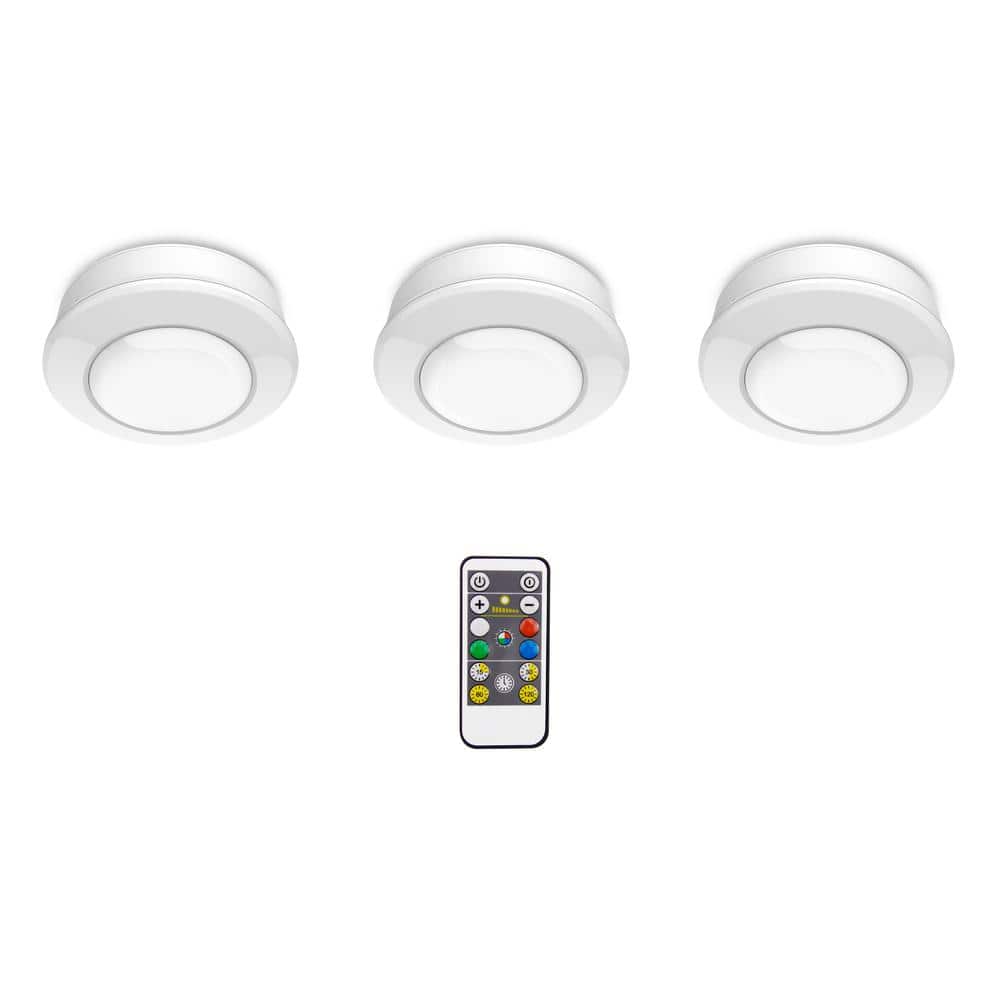 PRIVATE BRAND UNBRANDED 3 in. Round White LED Battery Operated Puck Light with Dimmable RGB Color Changing and Remote Control (3-Pack) (3)