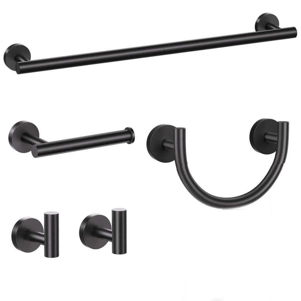 LAIFUCAM 5-Piece Bathroom Hardware Set with Smiley Face Towel Rings, Towel Bar, Hooks, Toilet Paper Holder in Matte Black (1)