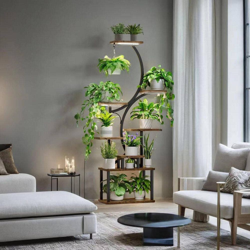 Wudkey 61 in. Freestanding Plant Stand with 3-Head Grow Lights, 8 Tiered Metal Plant Shelf with Wheels and Hooks in Black (3)